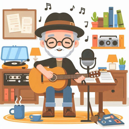 Old man playing guitar at home. Vector illustration in cartoon style.のイラスト素材