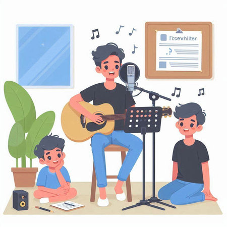 Musician playing acoustic guitar and singing at home. Kids with musical instruments. Cartoon vector illustration.のイラスト素材