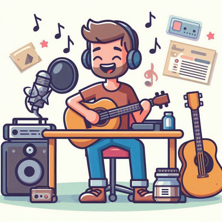 Man playing guitar and singing at home. Vector illustration in cartoon style.のイラスト素材