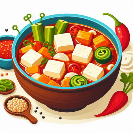Vegetable soup with tofu in a bowl. Vector illustration.のイラスト素材