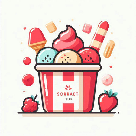 Vector illustration of ice cream in paper box with fruits and berries.のイラスト素材