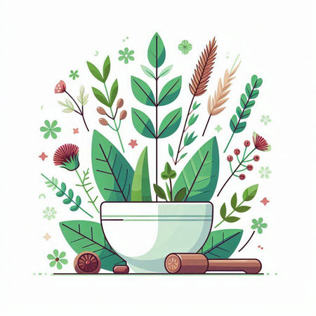 Illustration of a flower pot with herbs and flowers on a white backgroundのイラスト素材