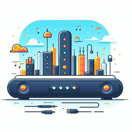 Vector illustration of a music speaker with a cityscape on the background.のイラスト素材