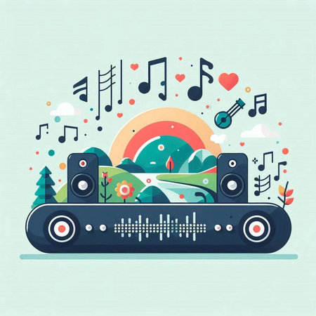 Vector illustration of music equipment in flat style with nature landscape background.のイラスト素材