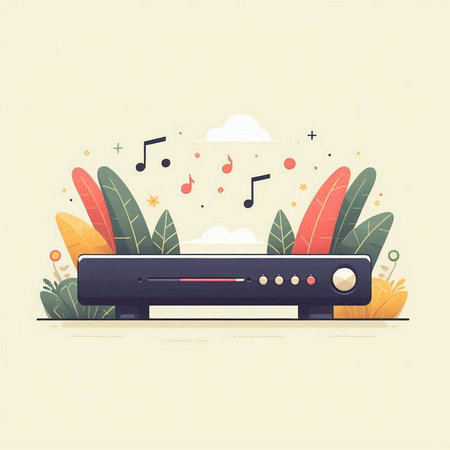 Music player with headphones and tropical leaves. Vector illustration in flat styleのイラスト素材