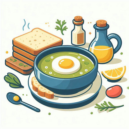 Egg soup with toast and olive oil. Vector illustration in cartoon style.のイラスト素材