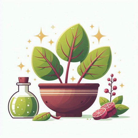 Illustration of a plant in a mortar and a bottle of essential oilのイラスト素材