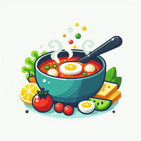 Cartoon vector illustration of soup with egg, tomato, cheese and herbsのイラスト素材