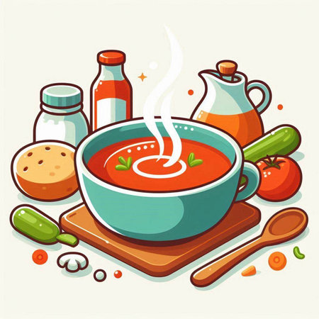 Gazpacho soup in bowl with ingredients. Vector illustration.のイラスト素材