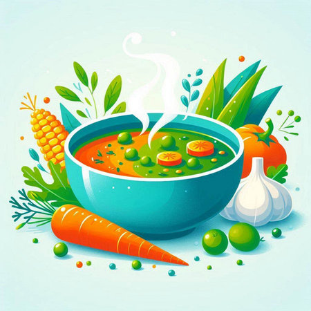 Vegetable soup in a bowl with ingredients for cooking. Vector illustration.のイラスト素材
