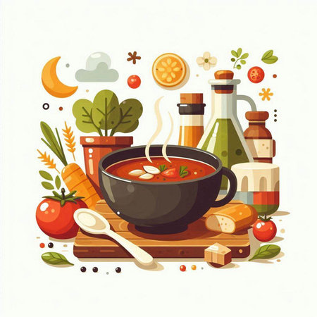 Tomato soup in bowl with ingredients for cooking. Vector illustration.のイラスト素材