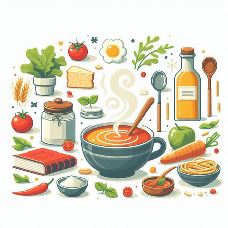 Tomato soup in bowl with ingredients for cooking. Vector illustration.のイラスト素材