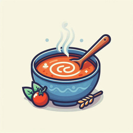 Tomato soup in bowl with spoon. Hand drawn vector illustration.のイラスト素材