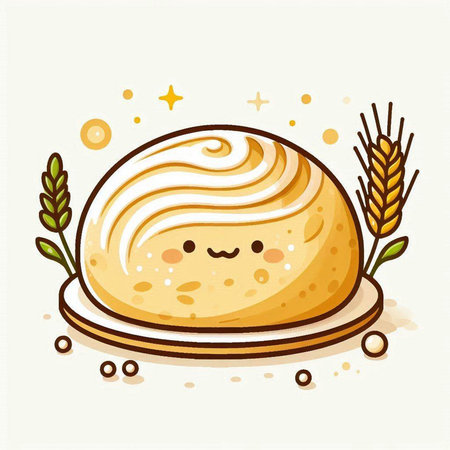 Illustration of a Cute Bakery Baking Bun with Wheatのイラスト素材