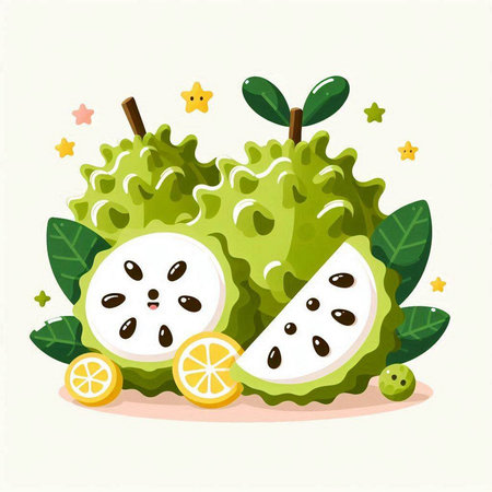 Cute cartoon vector illustration of whole and half of custard appleのイラスト素材