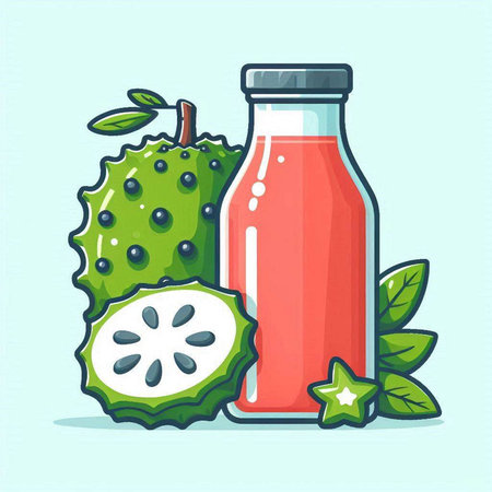 Bottle of juice with fresh fruit and leaves. Vector illustration.のイラスト素材