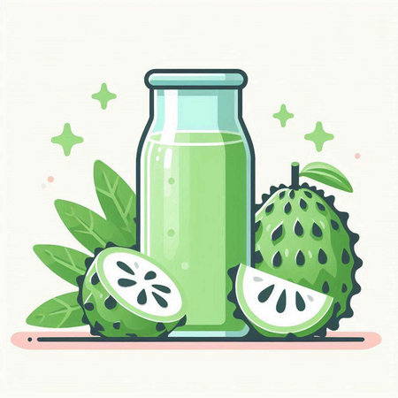 Soursop juice in a glass bottle and green leaves. Vector illustration.のイラスト素材