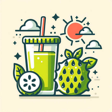 Smoothie vector illustration in flat linear style. Juicy smoothie in glass with straw and guava.のイラスト素材