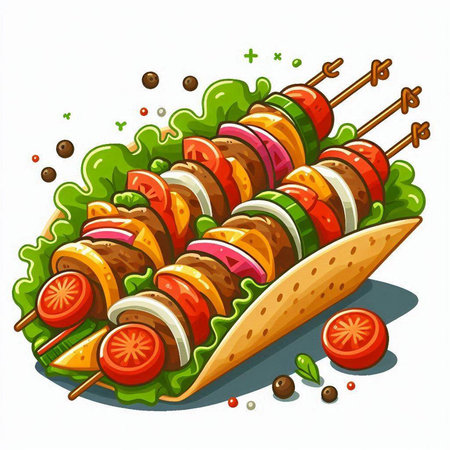 Grilled kebab on skewers with vegetables. Vector illustrationのイラスト素材