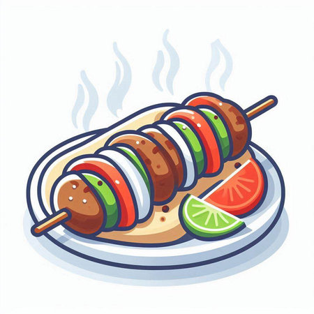 Illustration of grilled kebab on a plate. Vector illustrationのイラスト素材