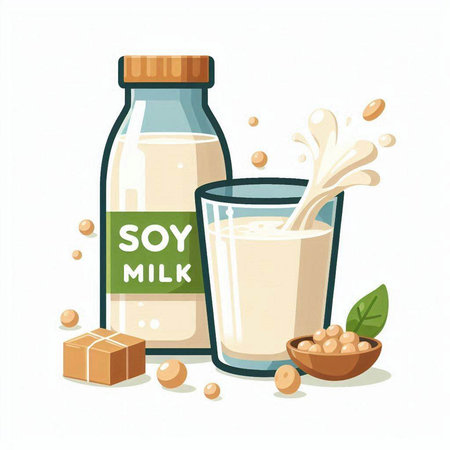 Vector illustration of soy milk in a glass and a bottle with milk.のイラスト素材