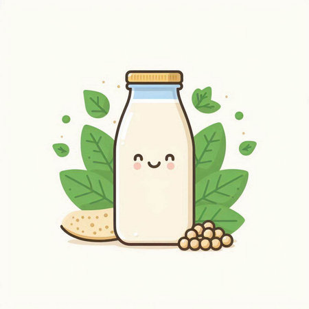 Cute milk bottle with nuts and green leaves. Vector illustration.のイラスト素材