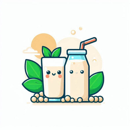 Cute cartoon milk shake and fresh green leaves. Vector illustration.のイラスト素材