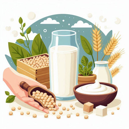 Vector illustration of soy milk in a glass, soybeans, grains, seeds and a wooden spoon.のイラスト素材
