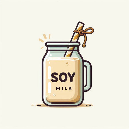 Illustration of a glass jar of soy milk with a straw.のイラスト素材