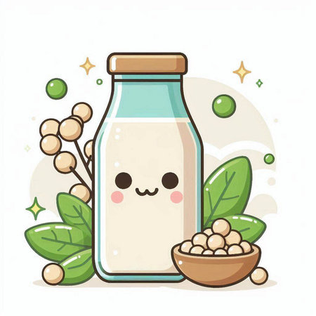 Cute cartoon soy milk bottle and soybean. Vector illustration.のイラスト素材