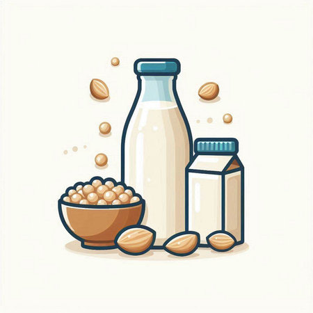 Vector illustration of soy milk in a glass bottle, soy beans in a bowl and a bowl with soybeans.のイラスト素材