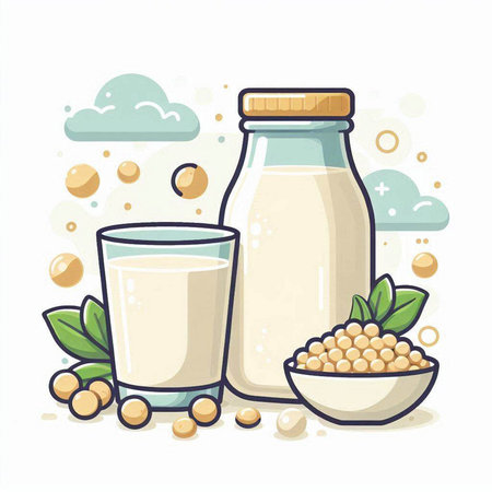 Vector illustration of soy milk in bottle and glass with soy beans.のイラスト素材