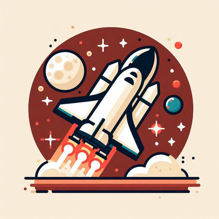 Space rocket flying in the space. Vector illustration in flat style.のイラスト素材
