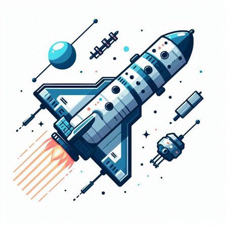 Space rocket in space. Vector illustration in flat style isolated on white background.のイラスト素材