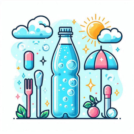 Plastic bottle of water and set of summer elements. Vector illustration.のイラスト素材