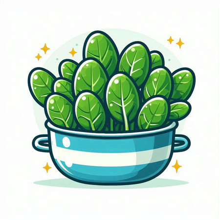 Spinach in a pot on a white background. Vector illustration.のイラスト素材