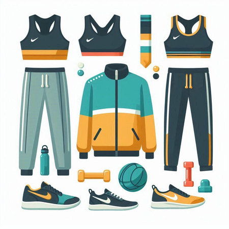 Set of sport clothes and accessories. Vector illustration in flat style.のイラスト素材