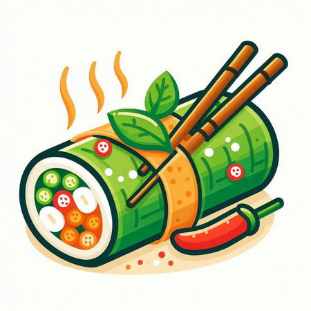 Illustration of japanese sushi roll with chopsticks and vegetablesのイラスト素材