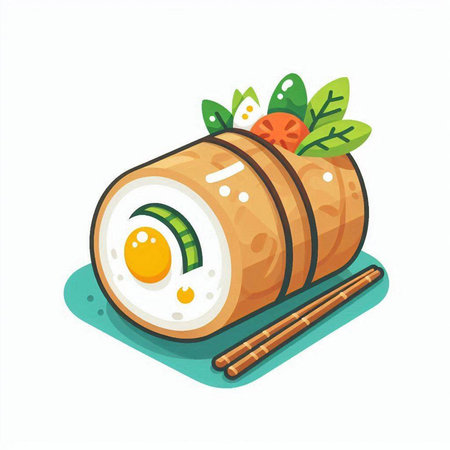 Sushi roll with egg on white background. Vector illustration in cartoon style.のイラスト素材