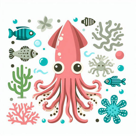 Cute cartoon octopus and marine life. Vector illustration in flat style.のイラスト素材