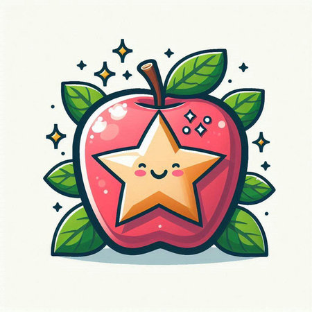 Cute apple fruit character with star and leaves, vector illustration.のイラスト素材