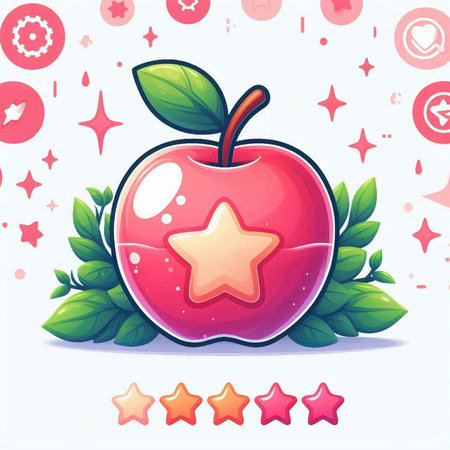 Cute Cartoon Red Apple With Green Leaves. Vector Illustration.のイラスト素材