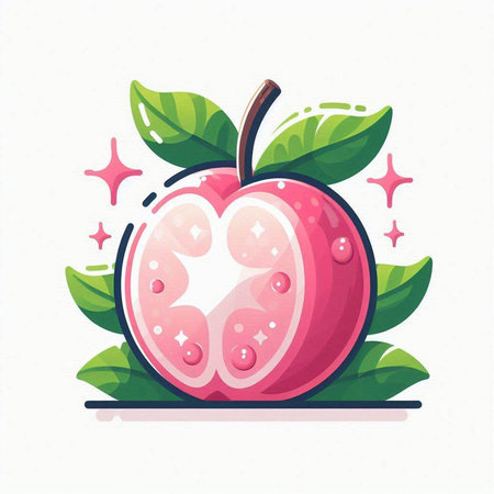 Vector illustration of red apple with green leaves isolated on white background.のイラスト素材