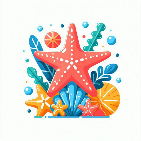 Starfish, seashells, seaweed and starfish on white background. Vector illustration.のイラスト素材