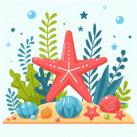 Starfish, seashells and seaweed. Vector illustration.のイラスト素材