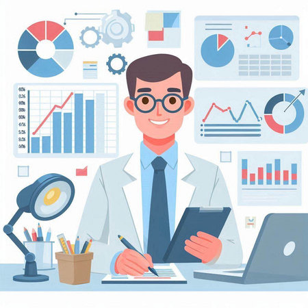 Scientist in white coat and glasses writing in notebook. Vector illustration.のイラスト素材