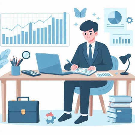 Businessman working at office desk. Vector illustration in cartoon style.のイラスト素材
