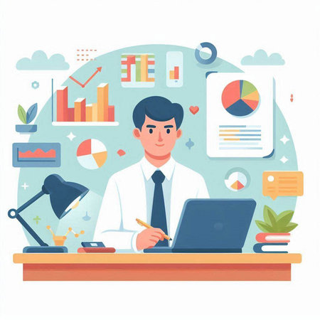 Businessman working at office desk. Vector illustration in flat style.のイラスト素材