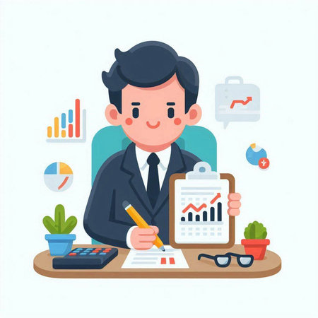 Businessman working at office. Successful business concept. Flat design vector illustration.のイラスト素材
