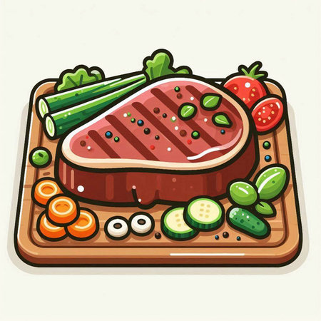 Grilled steak with vegetables. Vector illustration of a piece of meat.のイラスト素材
